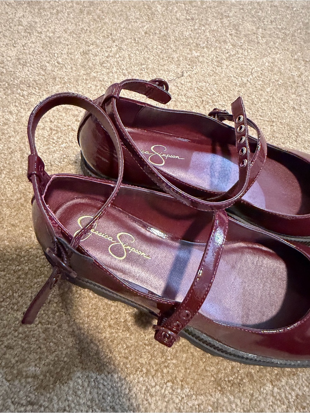 Women’s Patent Mary Jane Shoes with Ankle Strap - Burgundy platforms - Picture 2 of 4